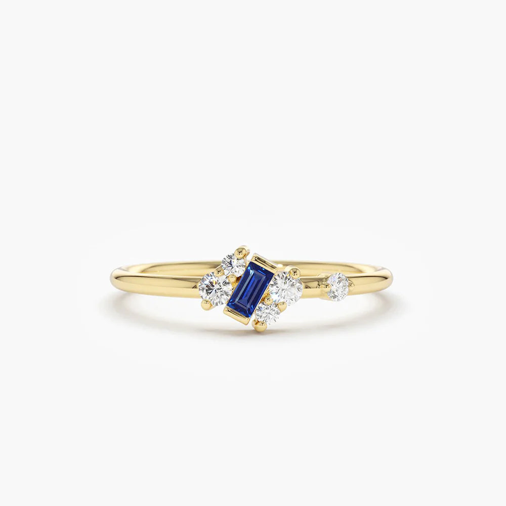 Solid Gold Slanted Baguette Sapphire Ring