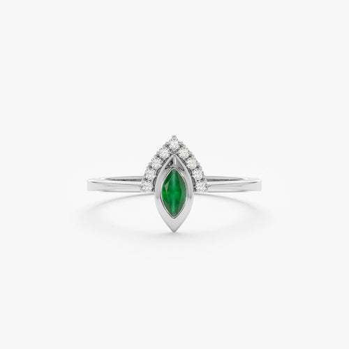 14K Solid Gold 0.04 CT Diamond and Marquise Emerald Ring