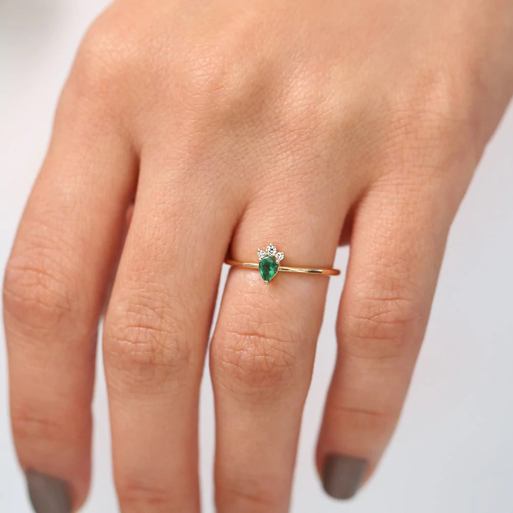 Solid Gold Mini Emerald and Diamond Ring