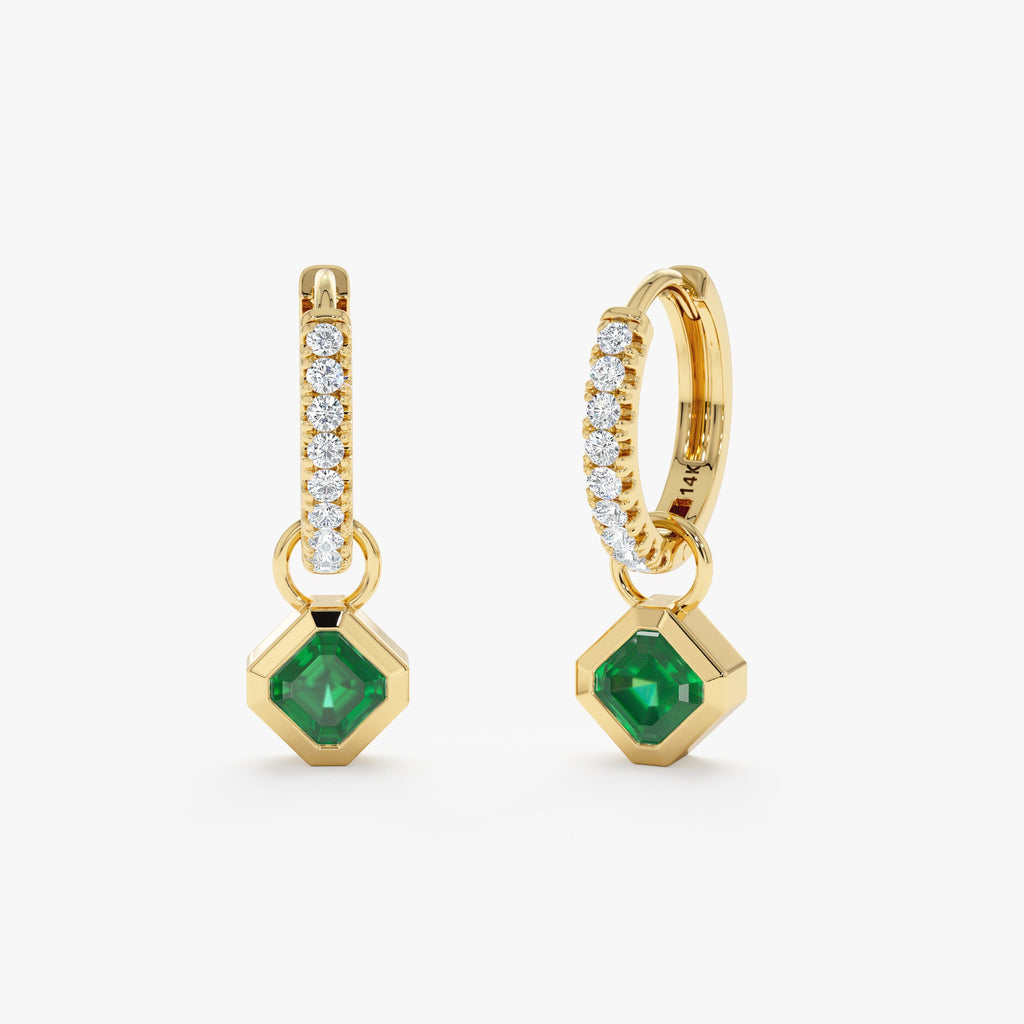 Solid Gold Asscher-Cut Emerald Charm Huggies