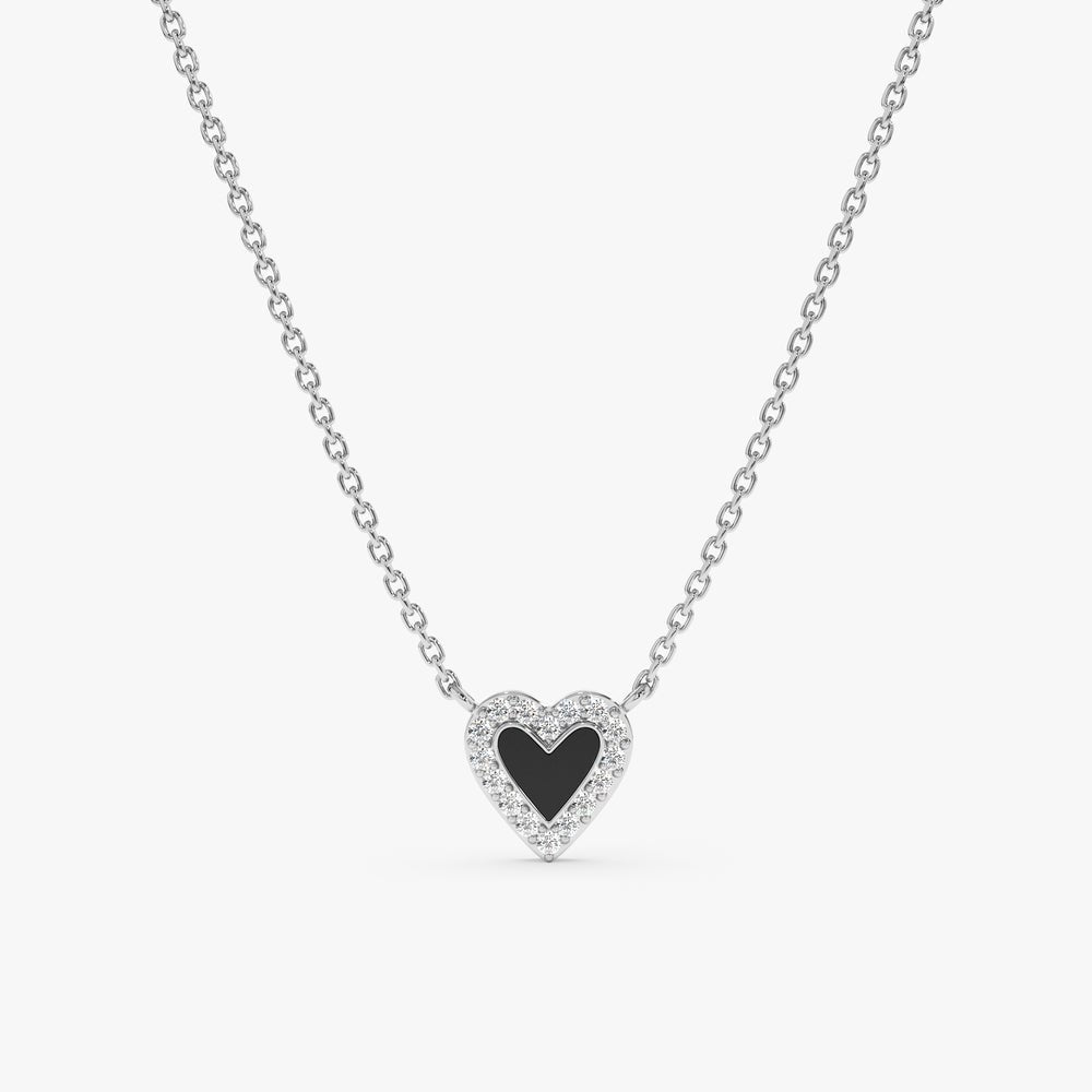 Solid Gold Black Enamel & Diamonds Heart Necklace