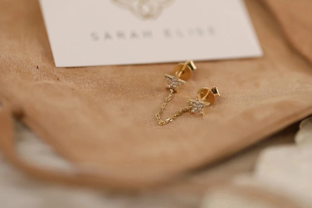 Solid Gold Double Diamond Star Chain Stud Earrings