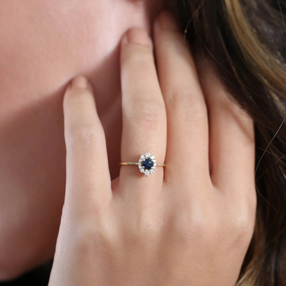 Solid Gold Round Sapphire Halo Diamond Engagement Ring
