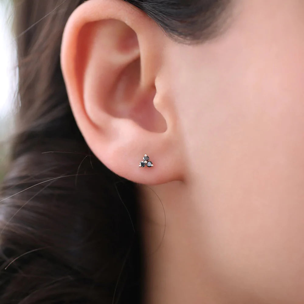 Solid Gold Tiny Black Lab-Grown Diamond Trio Stud Earrings
