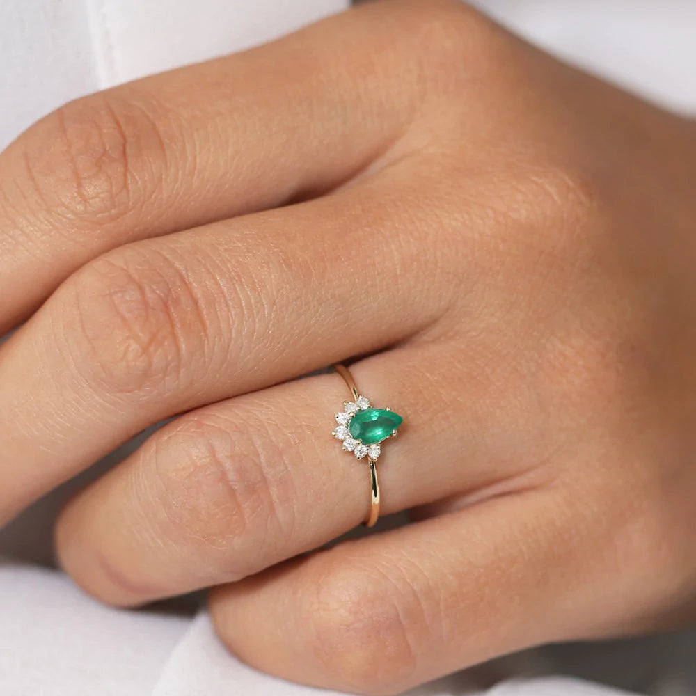 Solid Gold Pear Shape Emerald Engagement Ring