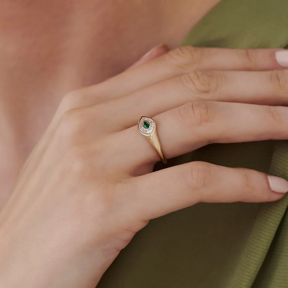 Solid Gold Marquise Shaped Emerald and Baguette Diamond Ring