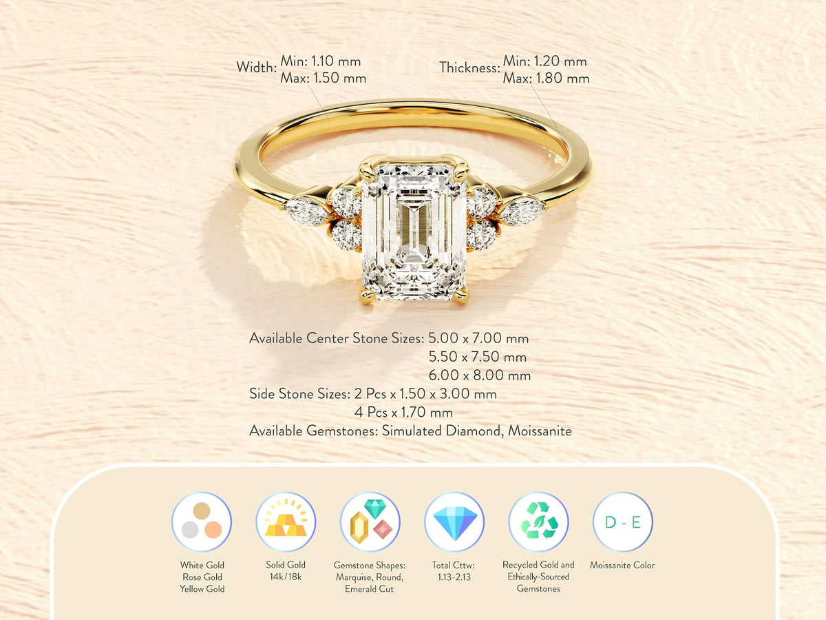Solid Gold 3 CT Marquise Emerald Cut Engagement Ring