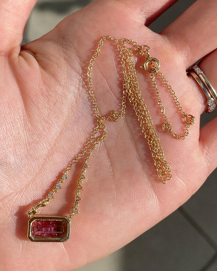 Solid Gold Watermelon Tourmaline Diamond Necklace