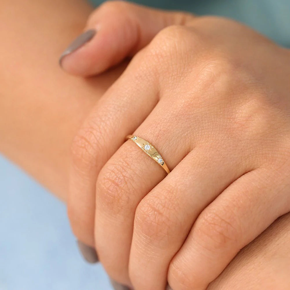 Solid Gold Star Setting 3 Diamond Stacking Ring