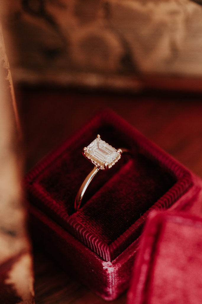 Solid Gold Emerald Cut Lab-Grown Diamond Beaded Head Solitaire Ring