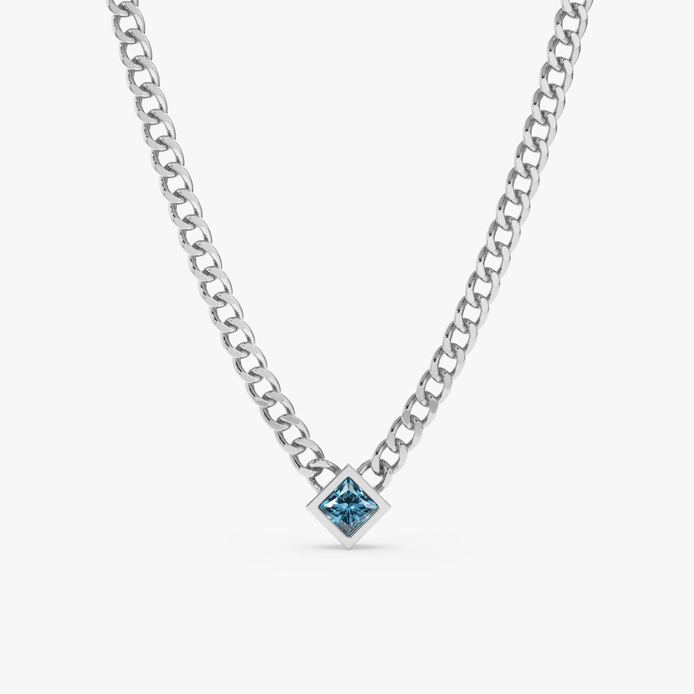 Solid Gold Blue Topaz Cuban Chain Necklace (AF332B)