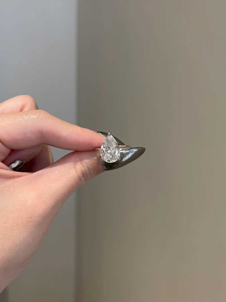 Solid Gold Solitaire Ring Pear Shaped Moissanite 3-Prong Halo Pave Bridge