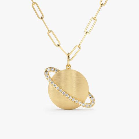 Solid Gold Diamond Saturn Charm Paperclip Necklace (038BD8)