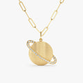 Solid Gold Diamond Saturn Charm Paperclip Necklace (038BD8)