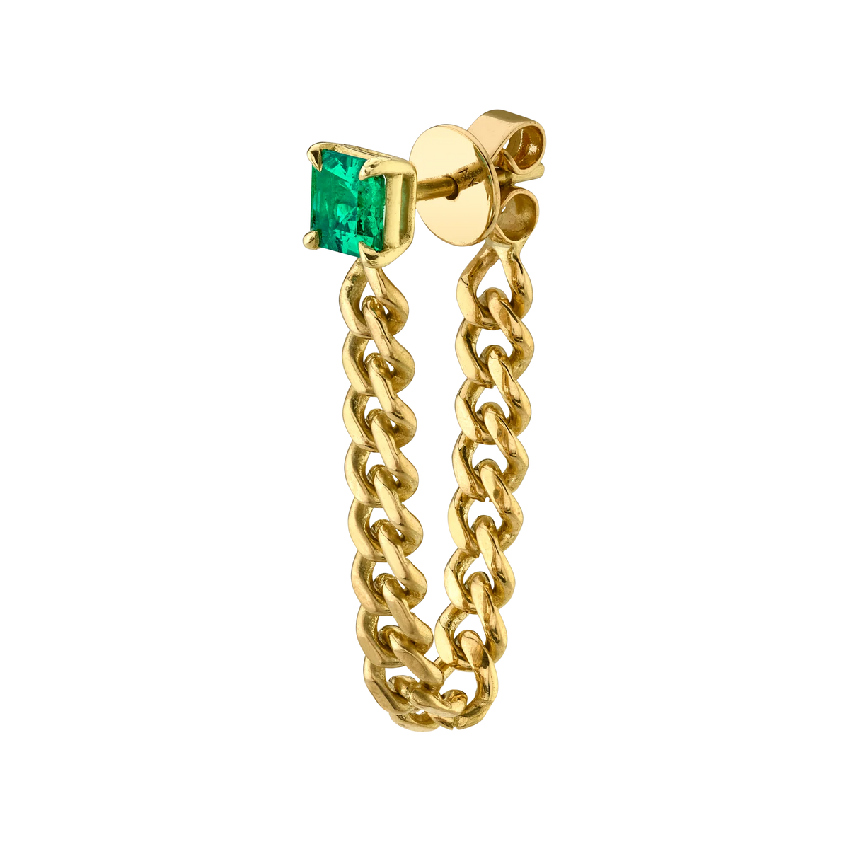 Solid Gold Asscher Cut Emerald Cuban Link Loop Earring