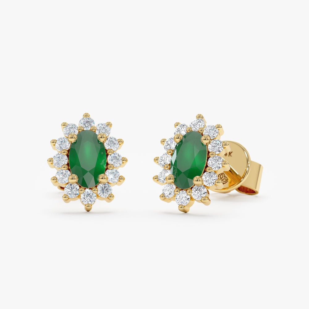 Solid Gold Oval Emerald Halo Diamond Studs