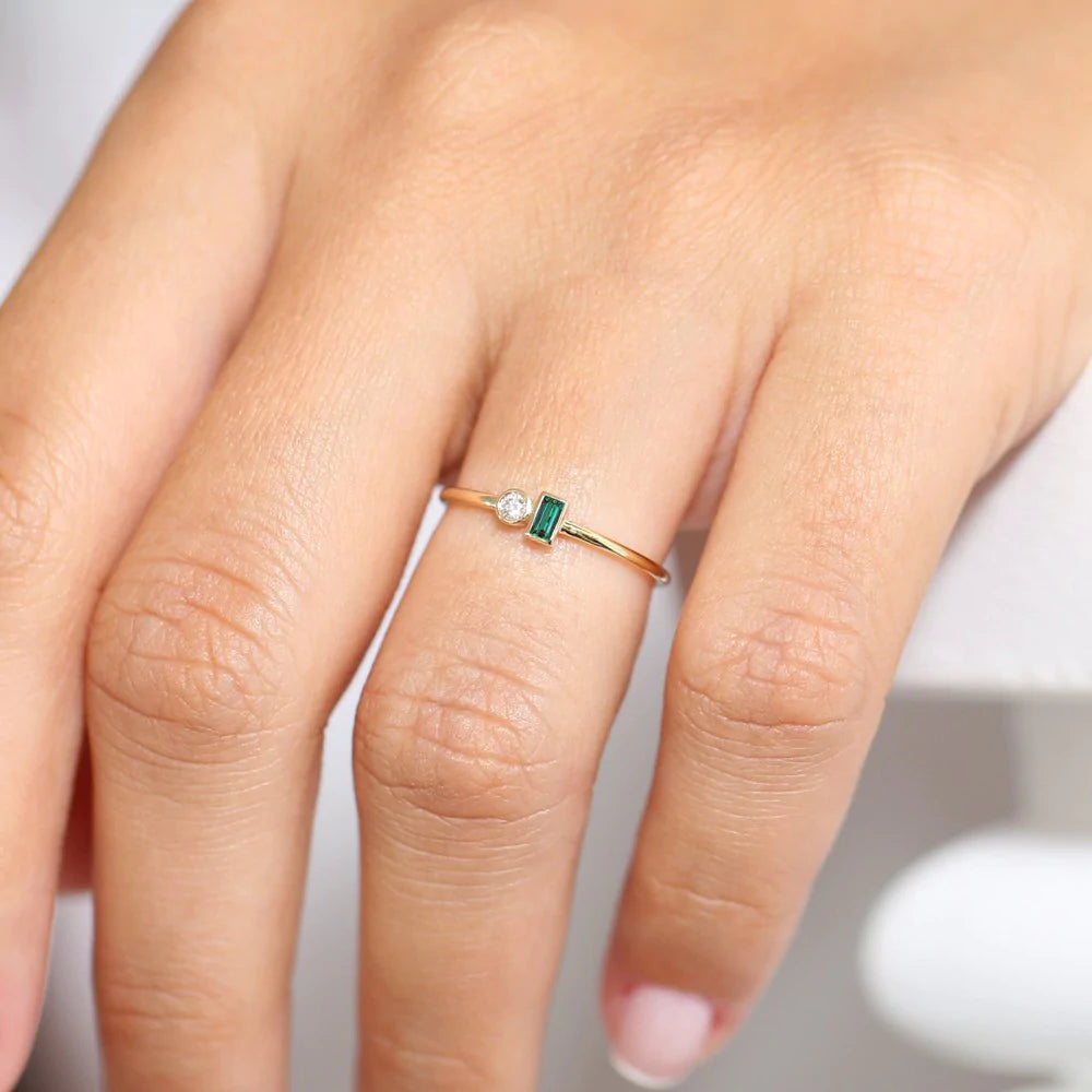 Solid Gold Baguette Emerald and Diamond Stackable Ring