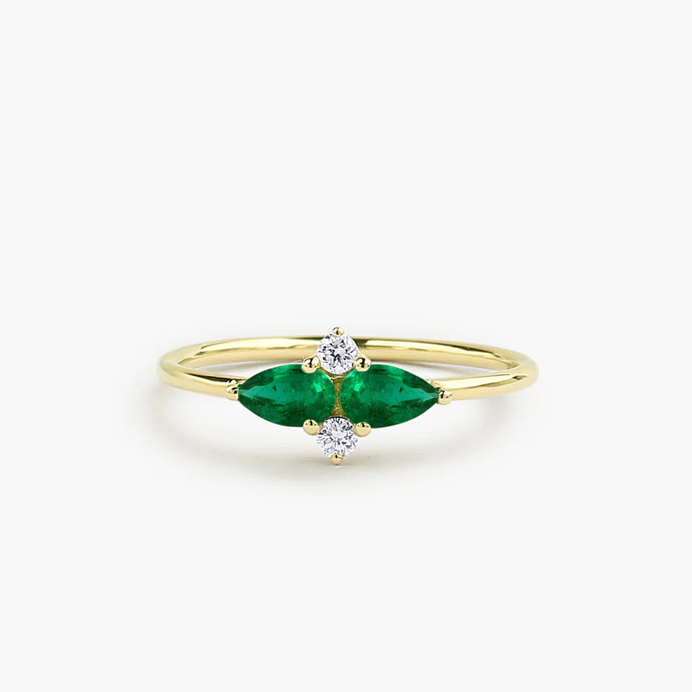Solid Gold Pear Shape Emerald and Diamond Cluster Ring