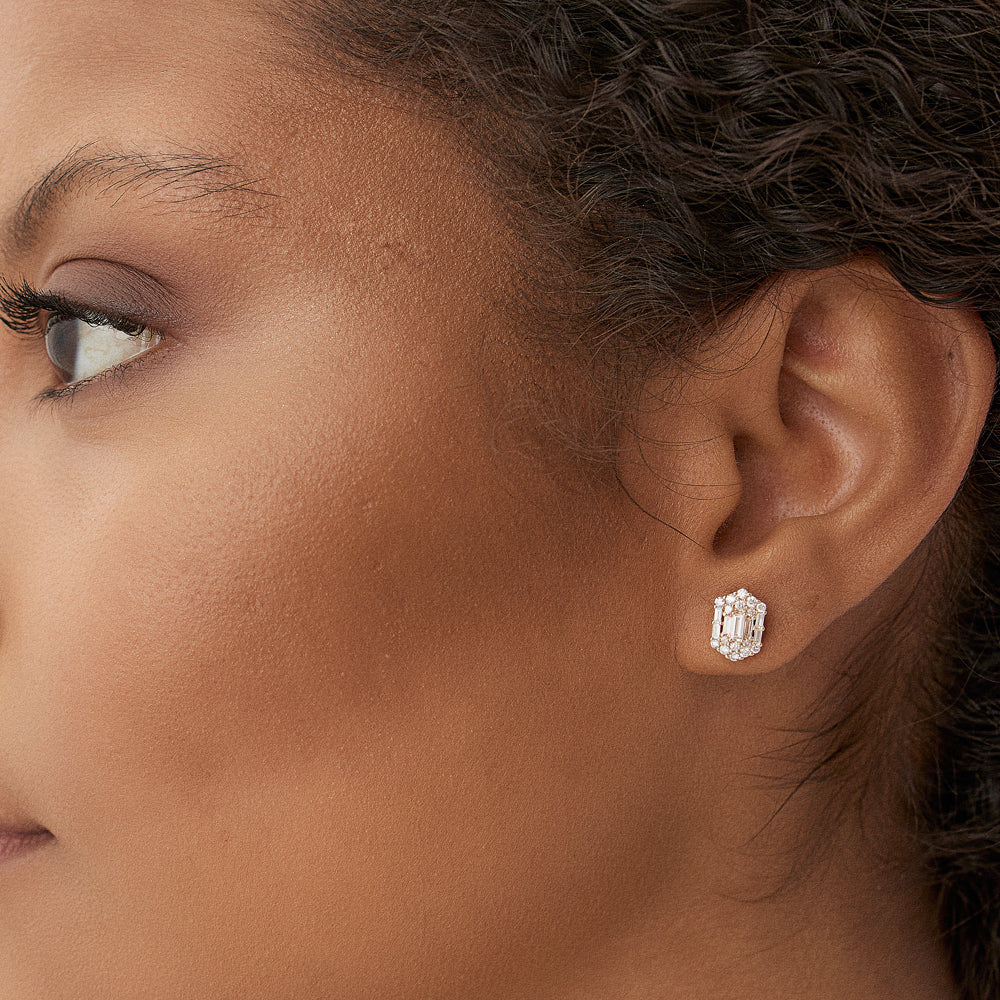 Solid Gold Baguette & Round Diamond Hexagon Studs