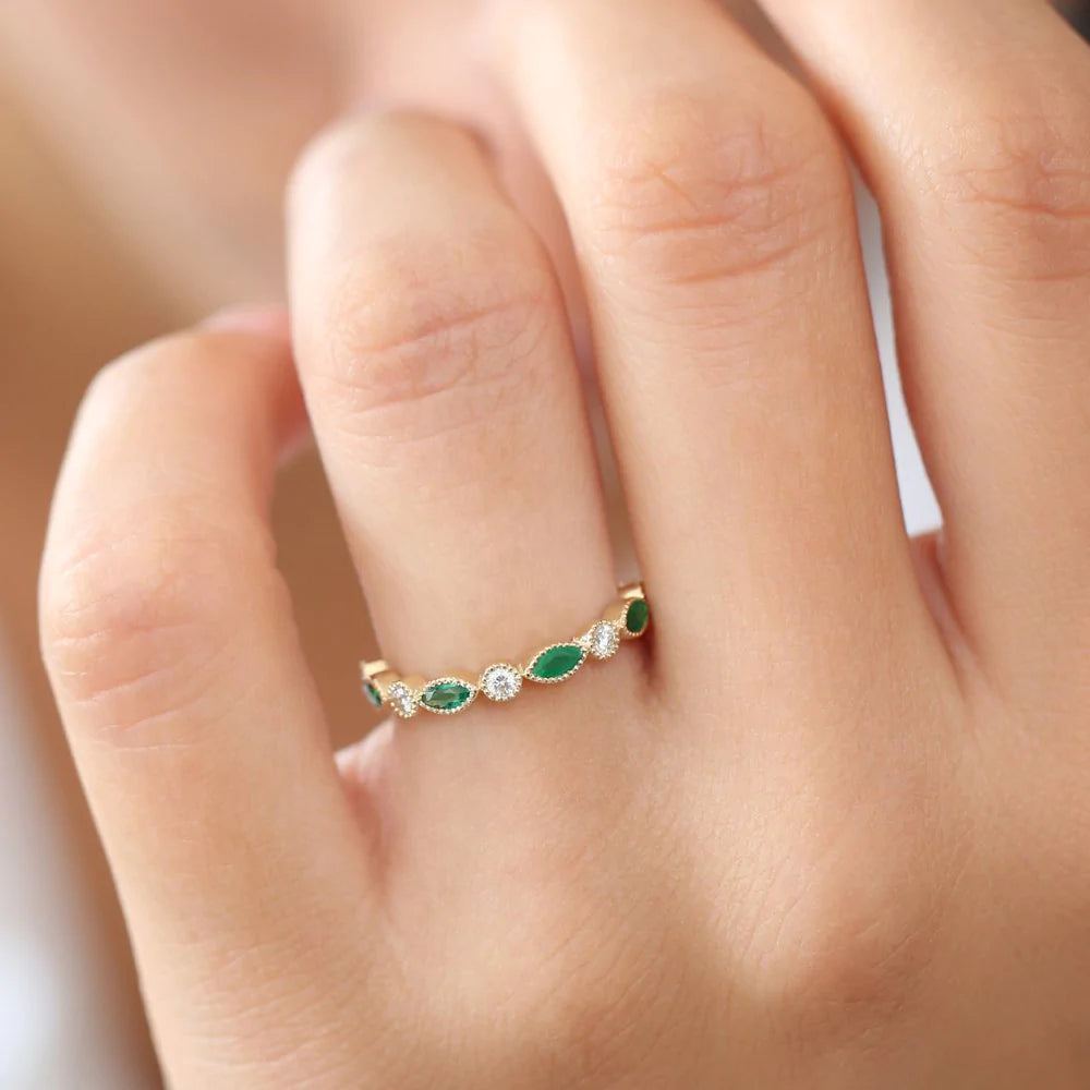 Marquise Emerald and Moissanite Wedding Band, photo 2