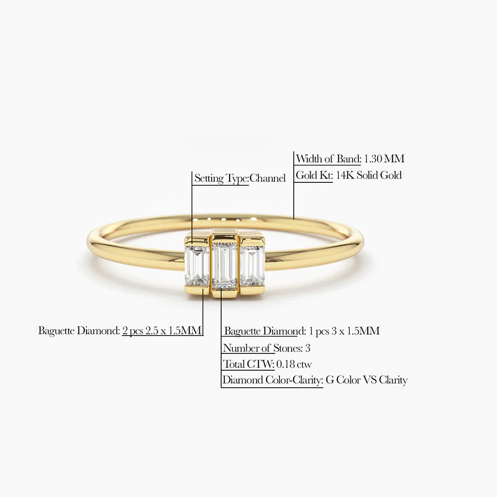Solid Gold Baguette Trio Diamond Ring