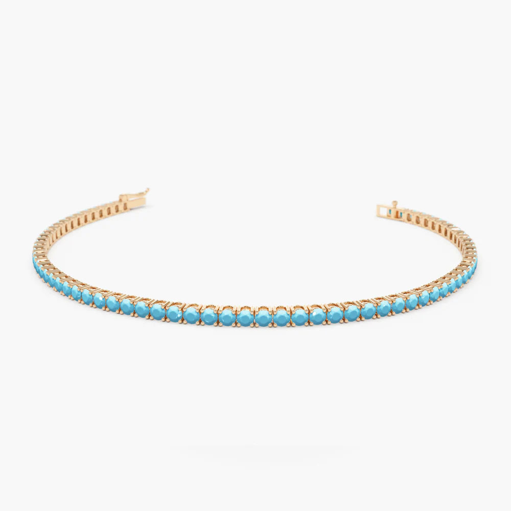 Solid Gold Prong Setting Turquoise Tennis Bracelet