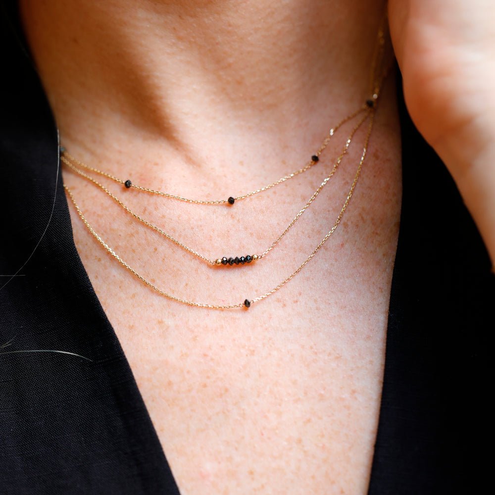 18K Solid Gold Black Diamond Station Necklace - Style B