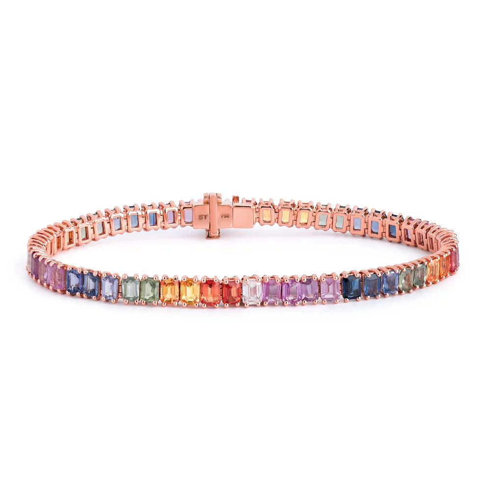 Solid Gold Rose Gold Emerald Cut Rainbow Sapphire Tennis Bracelet