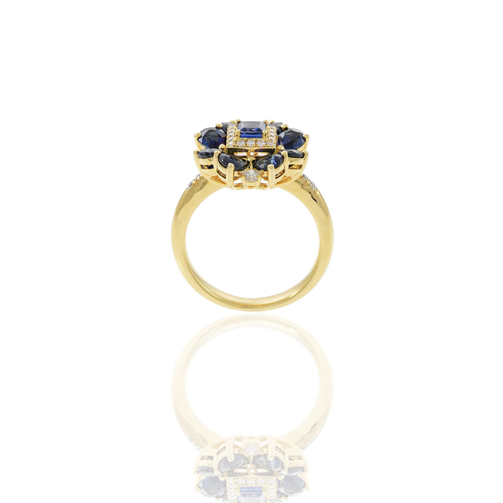 Solid Gold Blue Sapphire And Diamond Flower Ring