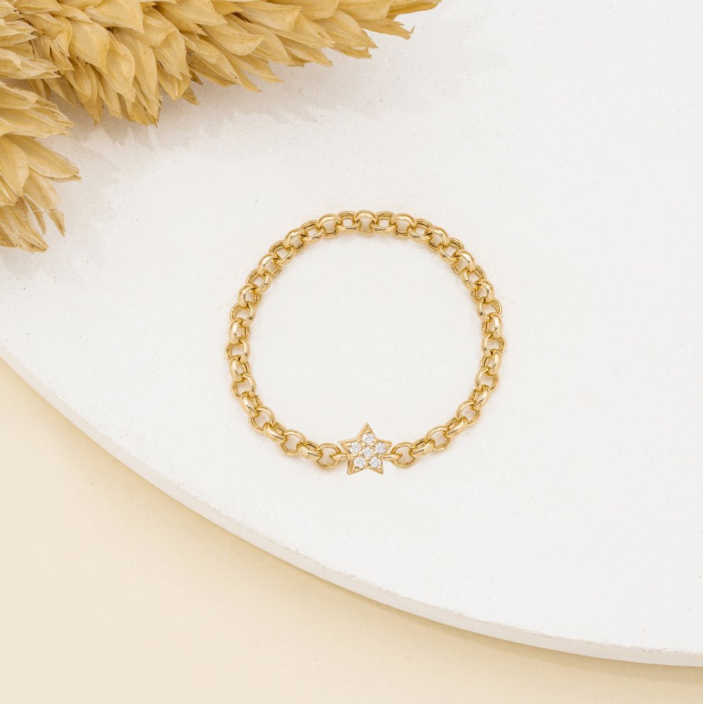 14K Solid Gold Diamond Star Chain Ring