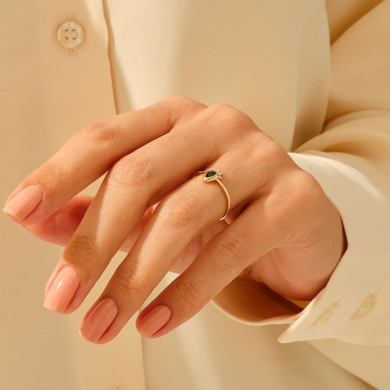 Solid Gold Pear Emerald Ring