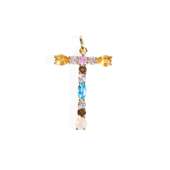 Solid Gold Mixed Gemstone Letter Charm