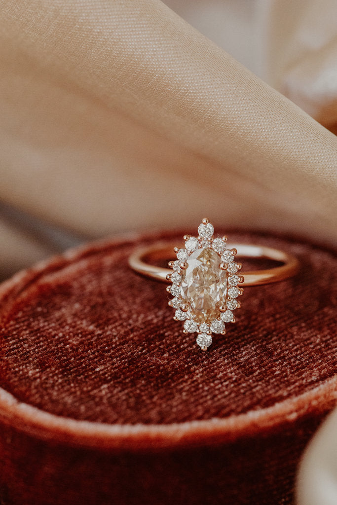 Solid Gold 1.02 ct Oval Champagne Diamond Fancy Halo Ring