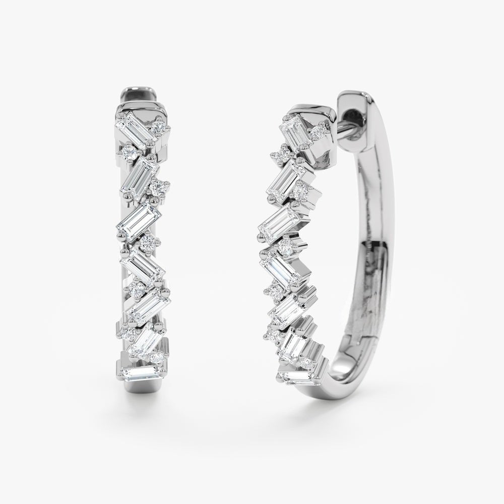 Solid Gold Stacked Baguette Diamond Hoops