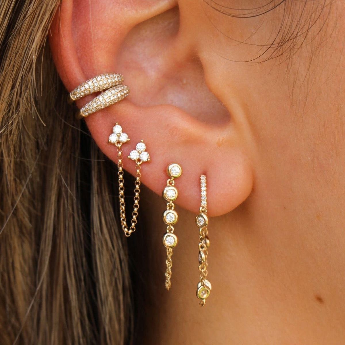 Solid Gold Four Diamond Bezel Chain Loop Earring