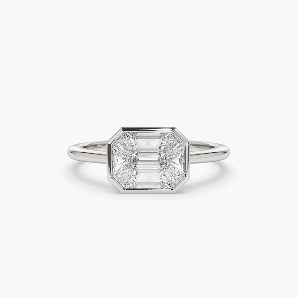 Solid Gold Emerald Cut East West Illusion Emerald Pie Cut Diamond