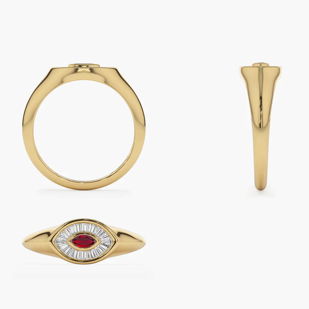 Solid Gold Marquise Shaped Ruby and Baguette Diamond Ring