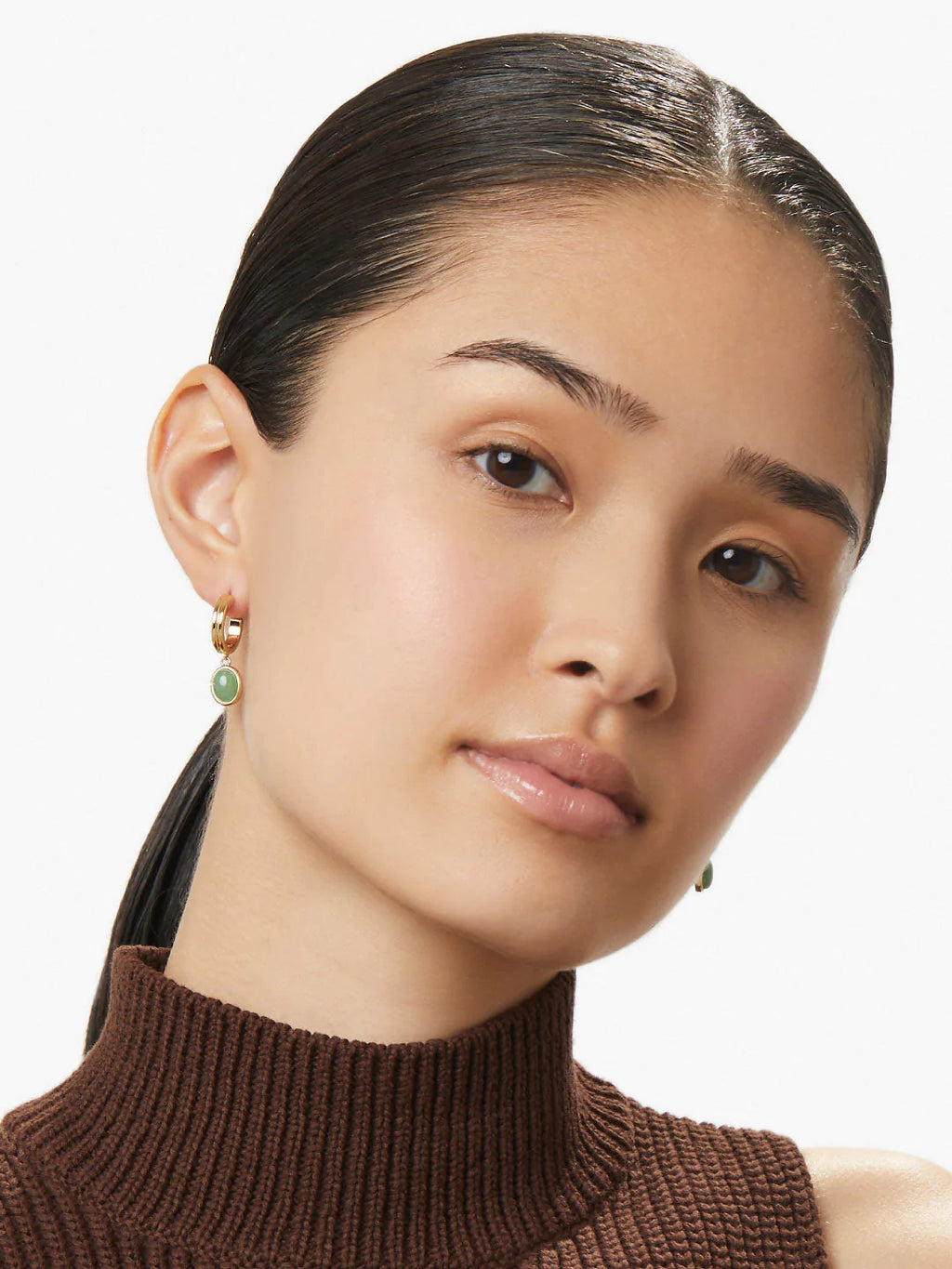 Solid Gold Oval Cut Jade Hoop Earrings