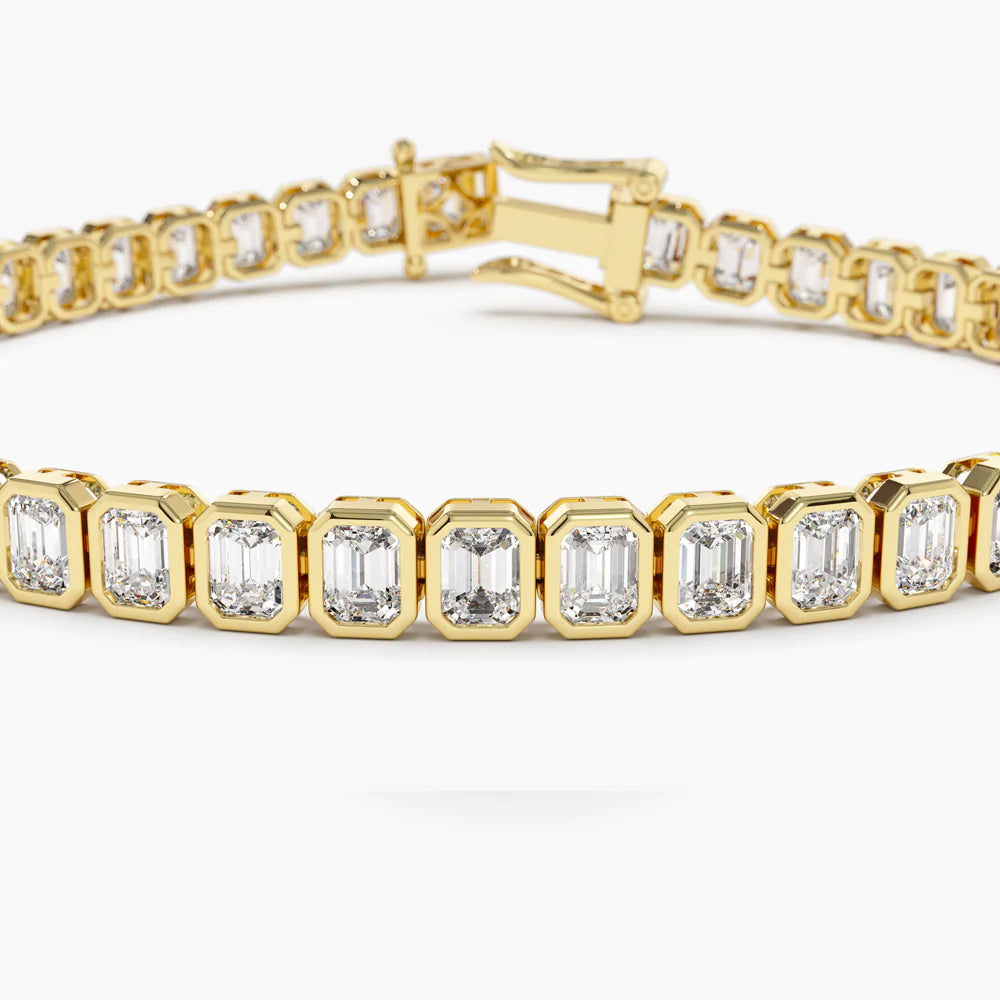 Solid Gold Bezel Setting 5.75 ctw Emerald Cut Diamond Tennis Bracelet