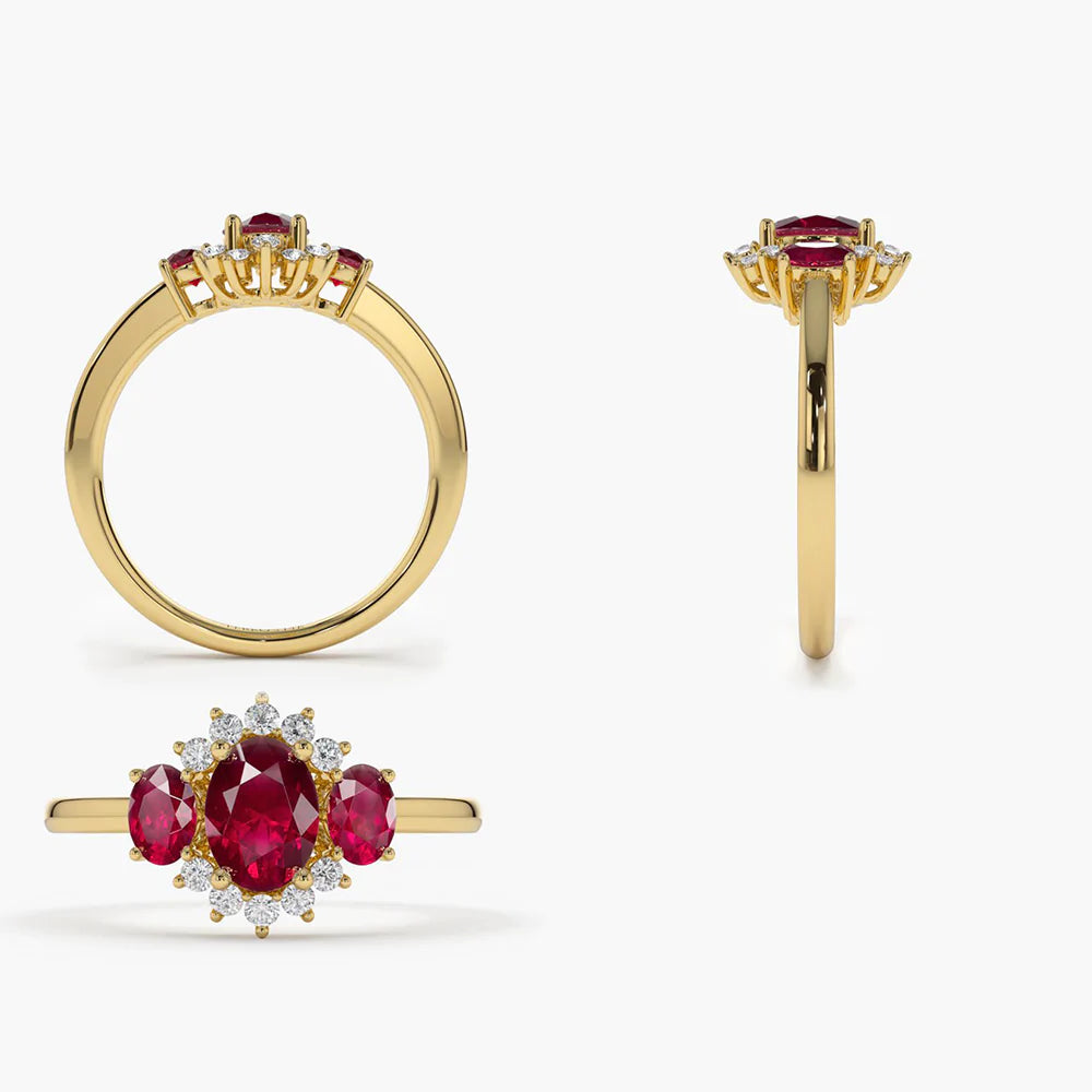 Solid Gold Three Stone Ruby Cluster Ring