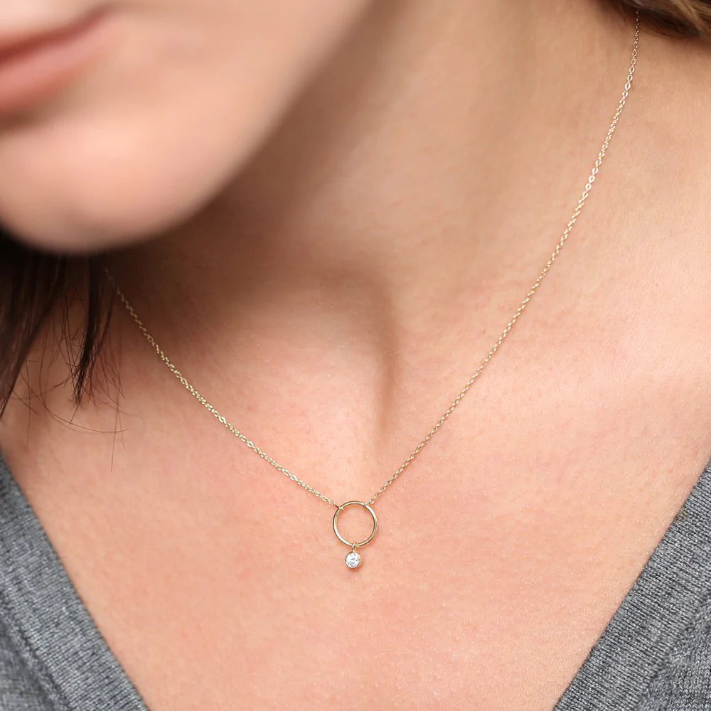 Solid Gold Circle Necklace with Bezel Set Diamond
