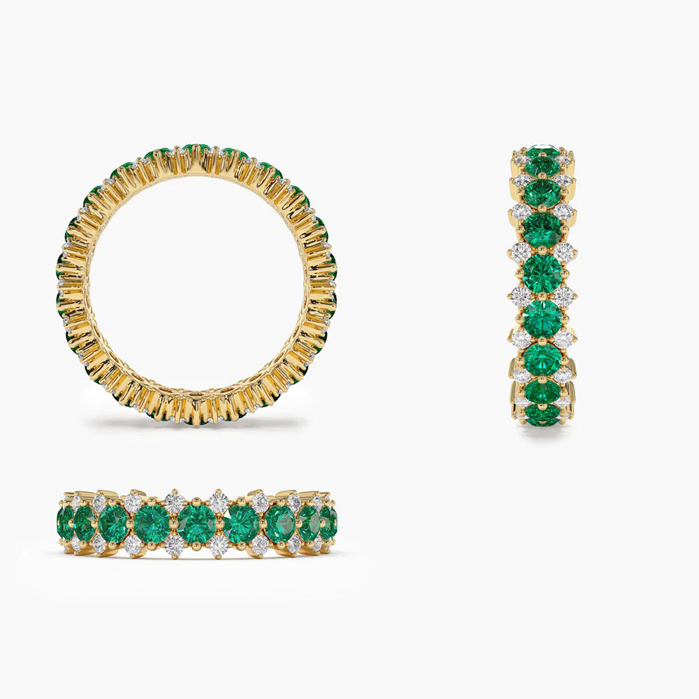 Solid Gold Full Eternity Round Emerald and Diamond Anniversary Ring - (3A5251)