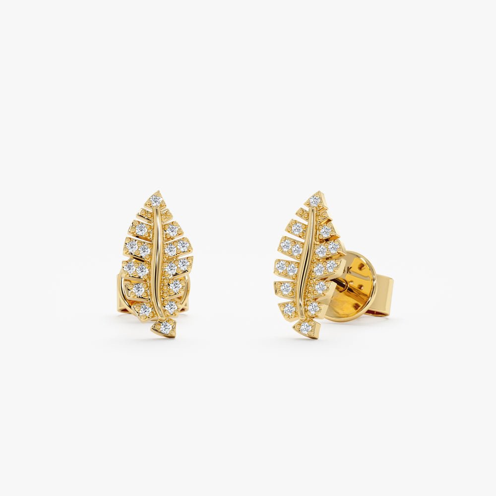 Solid Gold Diamond Leaf Stud Earrings
