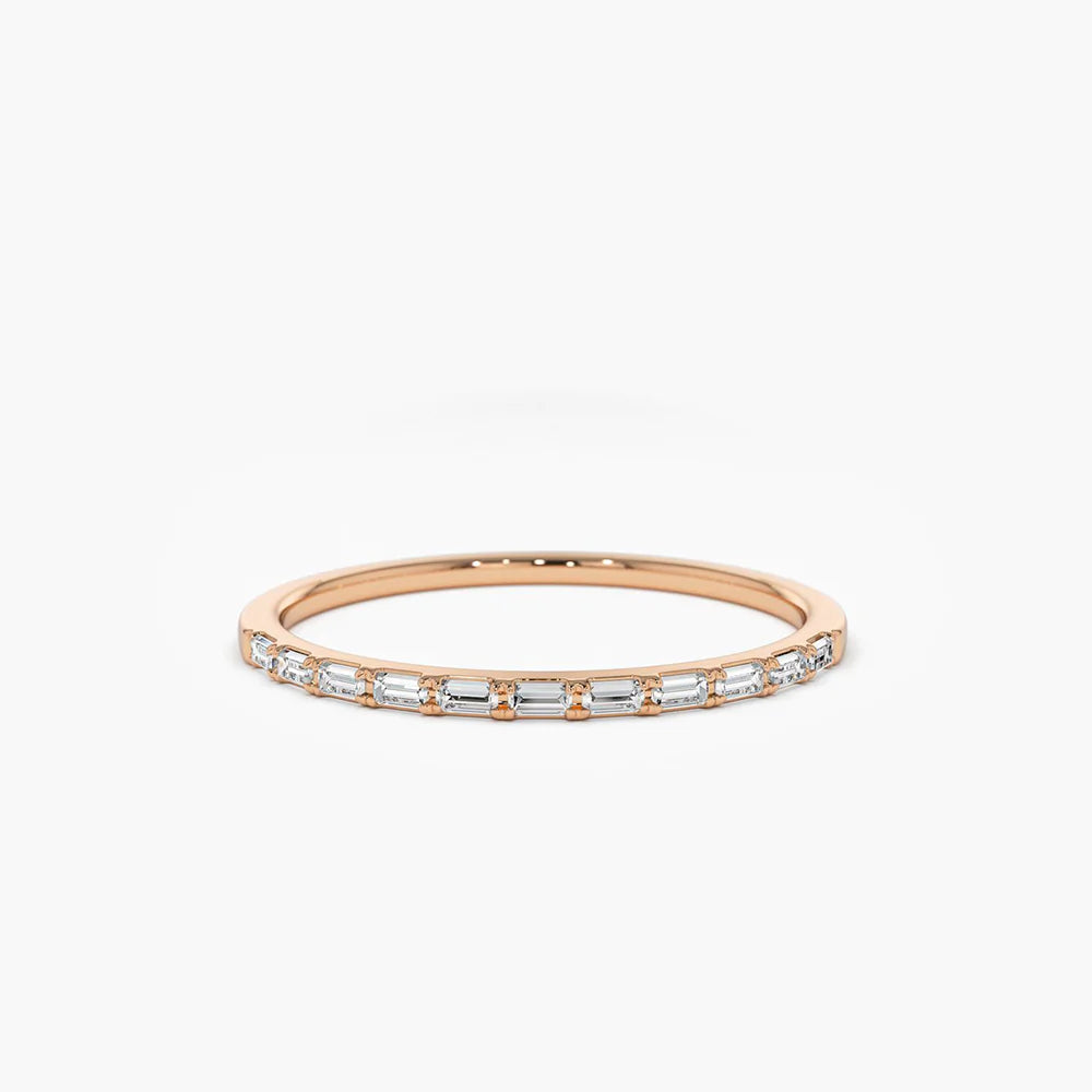 Solid Gold Ultra Thin Half Eternity Baguette Diamond Stackable Ring