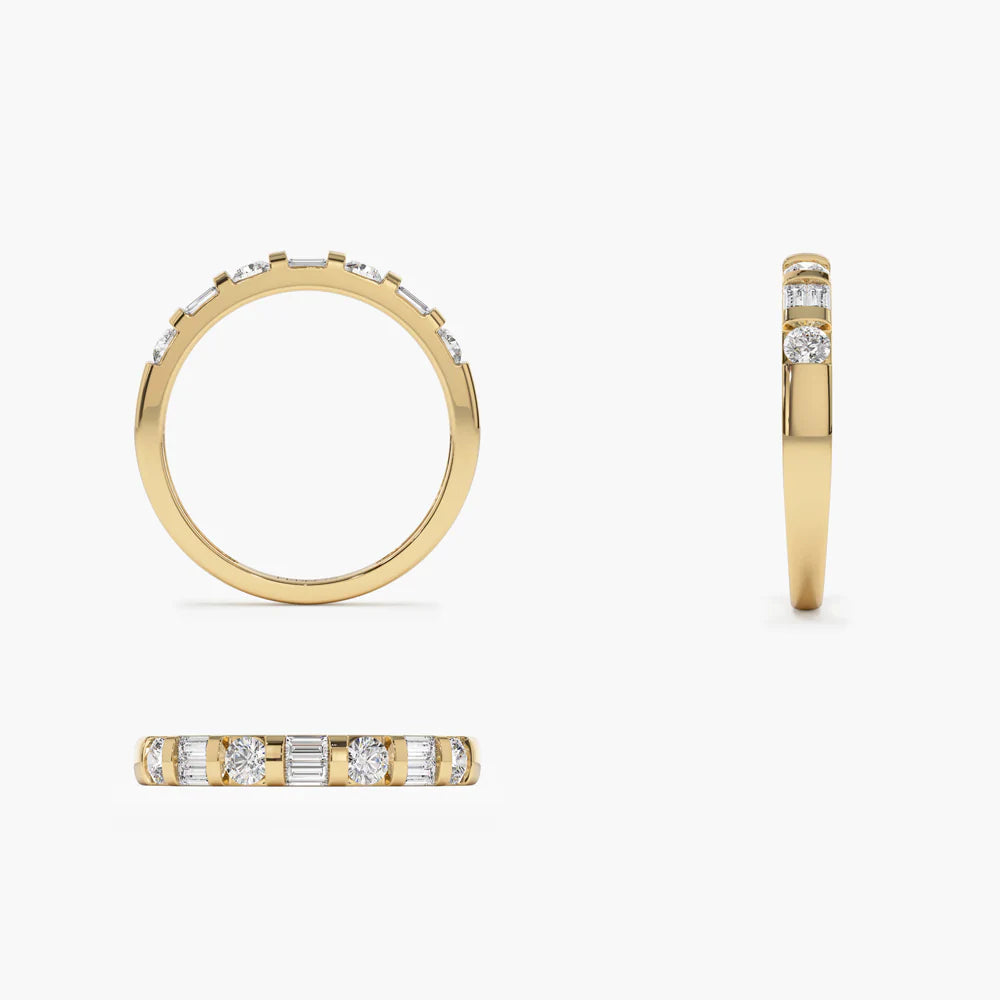 Solid Gold Double Baguette and Round Diamond Wedding Ring