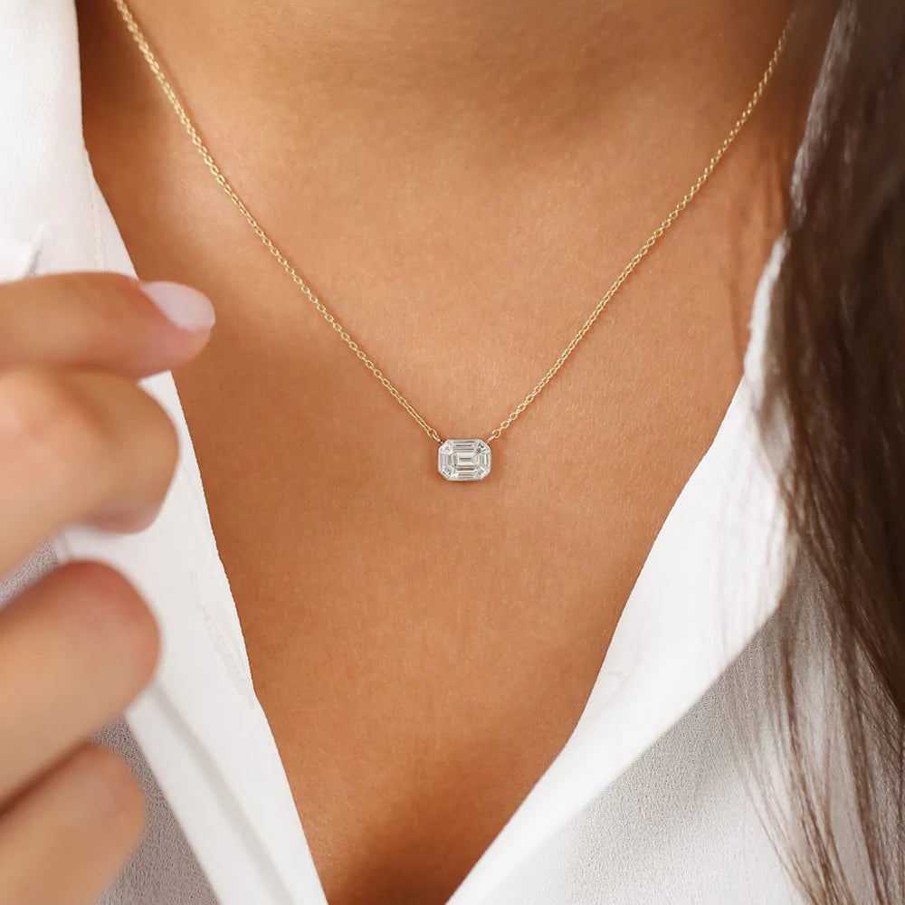 Solid Gold Illusion Setting Step Cut Mosaic Diamond Necklace