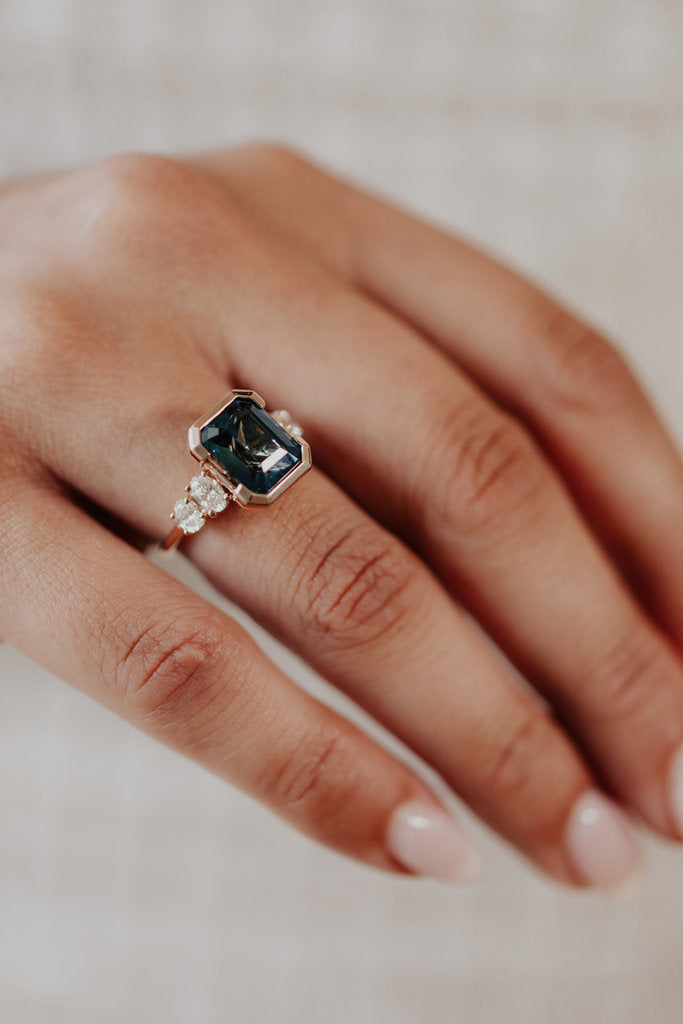 Solid Gold 6.5ct Emerald Cut Blue Sapphire Engagement Ring