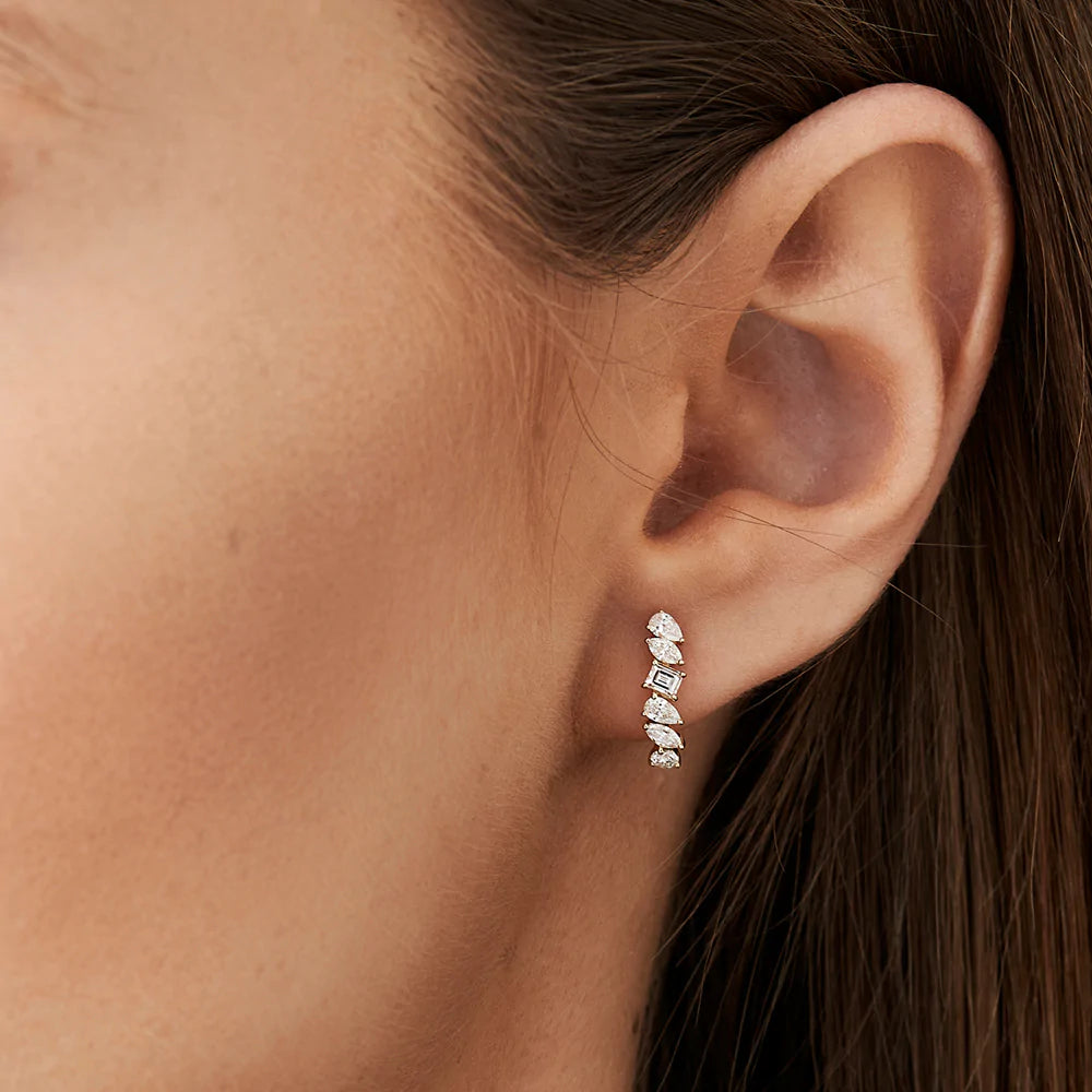 Solid Gold Mixed Diamond Shapes Statement Stud Earrings