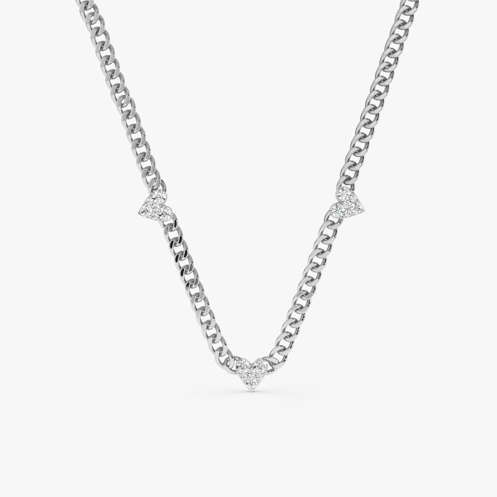 Solid Gold Diamond Heart Cuban Chain Station Necklace (09156A)