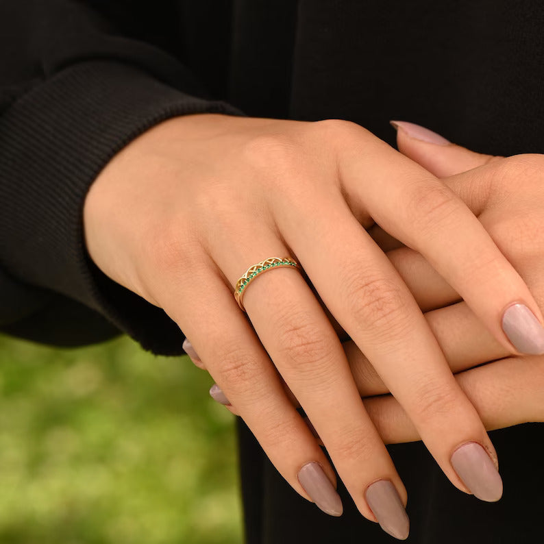 Solid Gold Emerald Celtic Wedding Band Ring